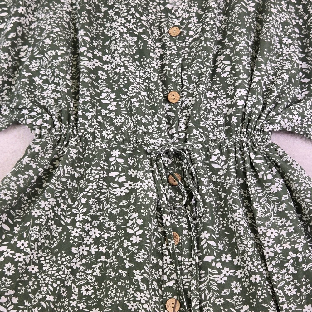C+D+M Collection Green Floral Button Front Midi Dress Small Kimono Sleeve Boho - Picture 5 of 8